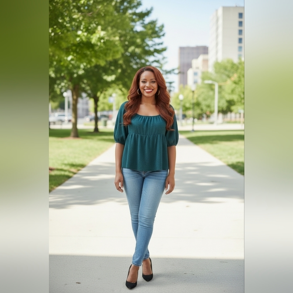 SHEIN Green Blue Relaxed Ruched Blouse